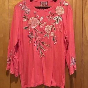 Stunning!!  Johnny Was Vienna Coral Pink 3/4 Sleeve Top-Sz XL -Floral-Colorful